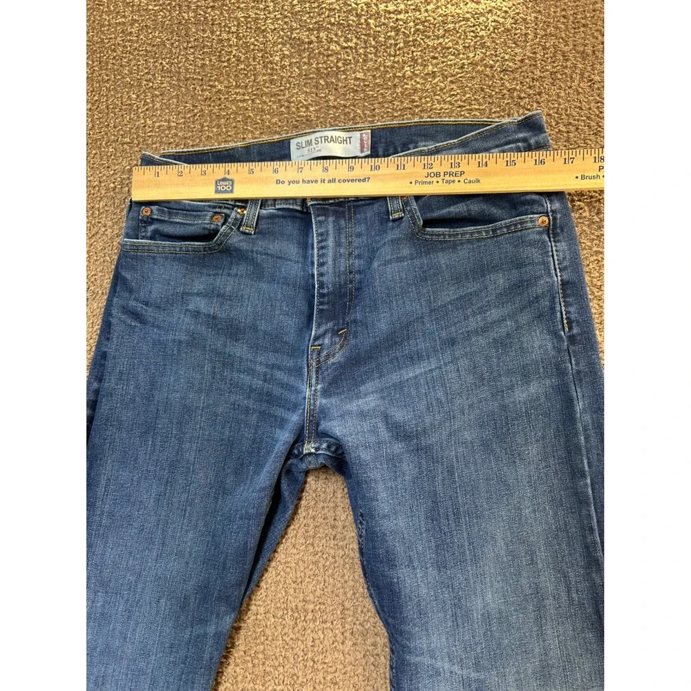 Levis 513 Slim Straight Jeans Mens 34x32 Medium Wash Blue Distressed Denim